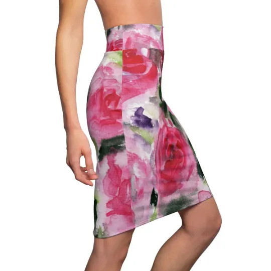 Pink Misty Flower Pencil Skirt, Best Rose Floral Designer Women's Mid-Waist Pencil Skirt - Made in USA