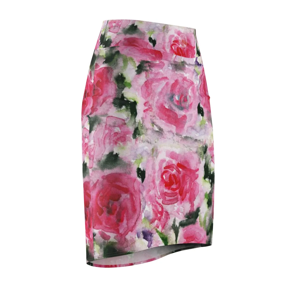 Pink Misty Flower Pencil Skirt, Best Rose Floral Designer Women's Mid-Waist Pencil Skirt - Made in USA