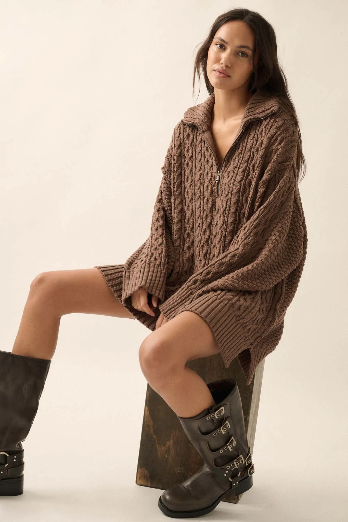 Plot Twist Half-Zip Cable Knit Sweater Dress