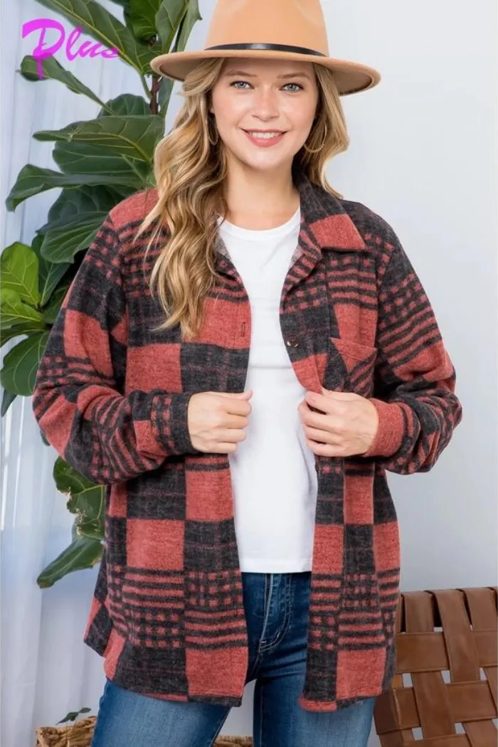 Plus Fuzzy Plaid Flannel Button Down Shacket