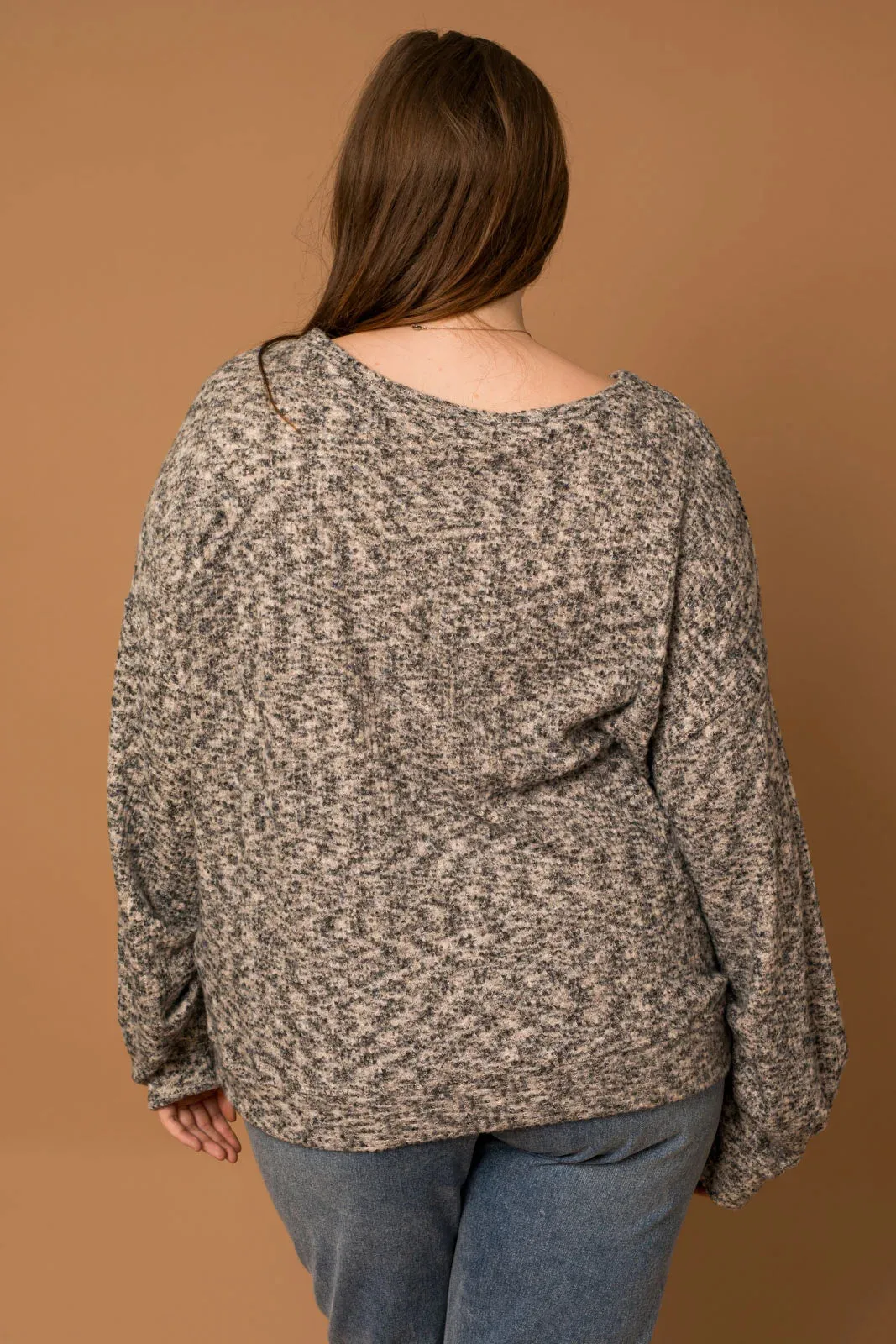 Plus Size Long Ruching Sleeve Marled Sweater