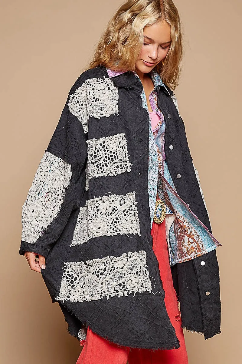 POL OVERSIZED Twill Shacket with Crochet Patches in Black Multi