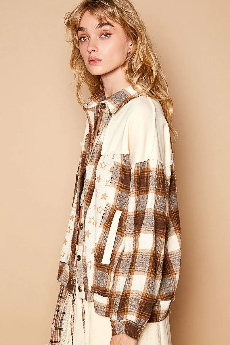 POL Plaid & Star Patchwork Jacket Women Contrast Long Sleeve Shacket