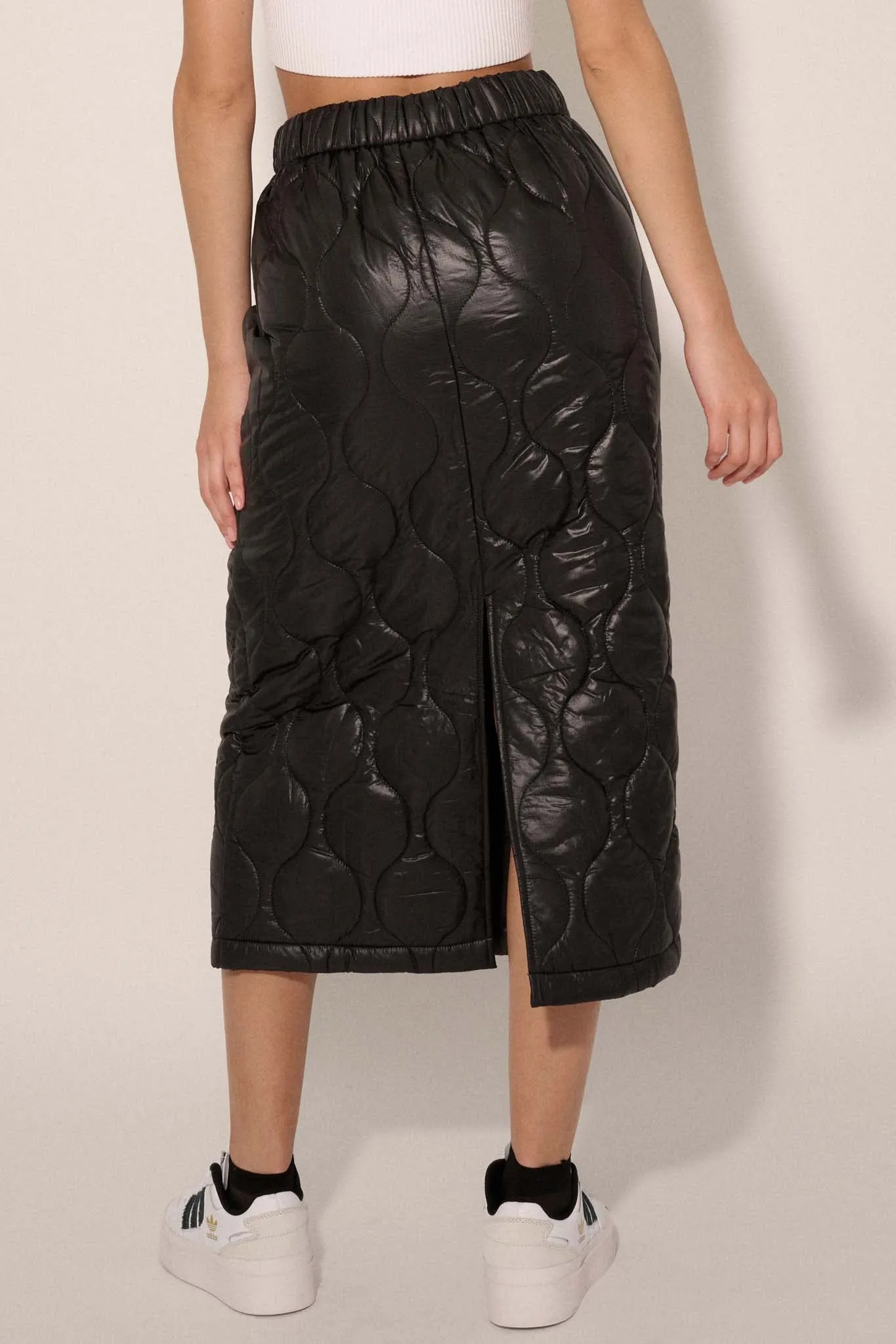 Puffer Up Quilted Vegan Leather Midi Skirt