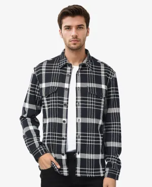 Rare Rabbit Men's Trillo Dark Navy Cotton Polyester Fabric Full Sleeve Button Closure Checks Shacket