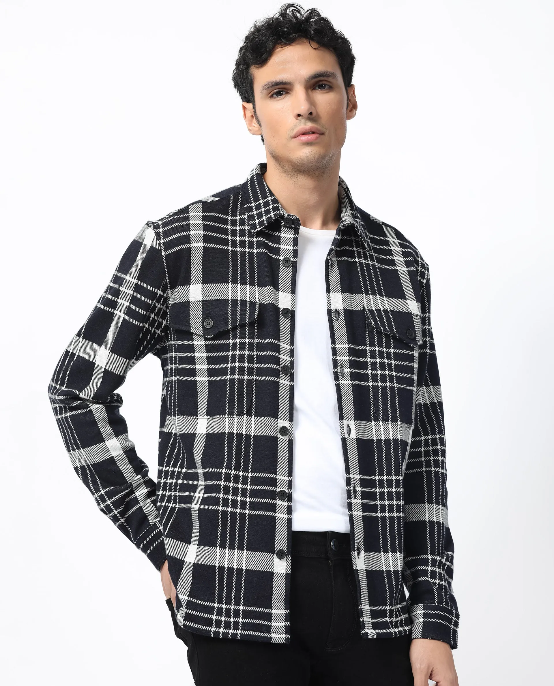 Rare Rabbit Men's Trillo Dark Navy Cotton Polyester Fabric Full Sleeve Button Closure Checks Shacket