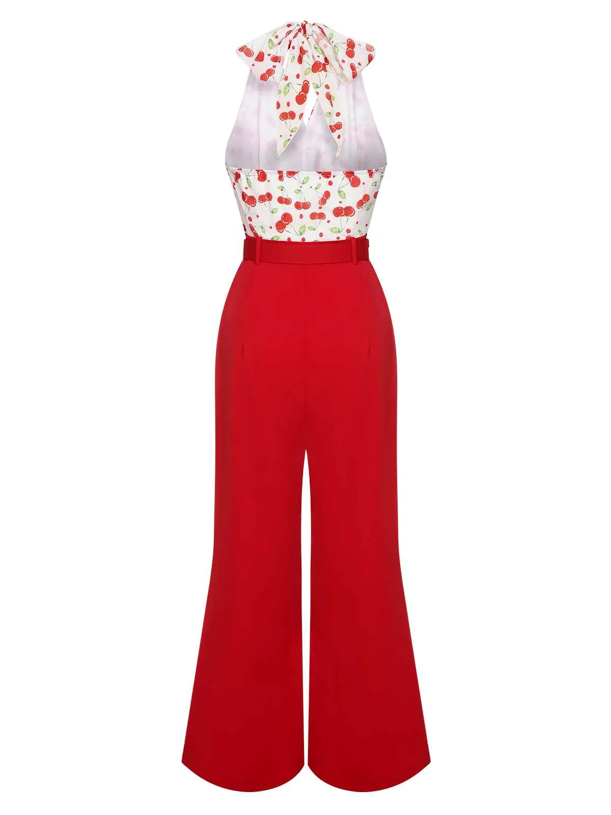 Red 1930s Cherry Belted Halter Jumpsuit