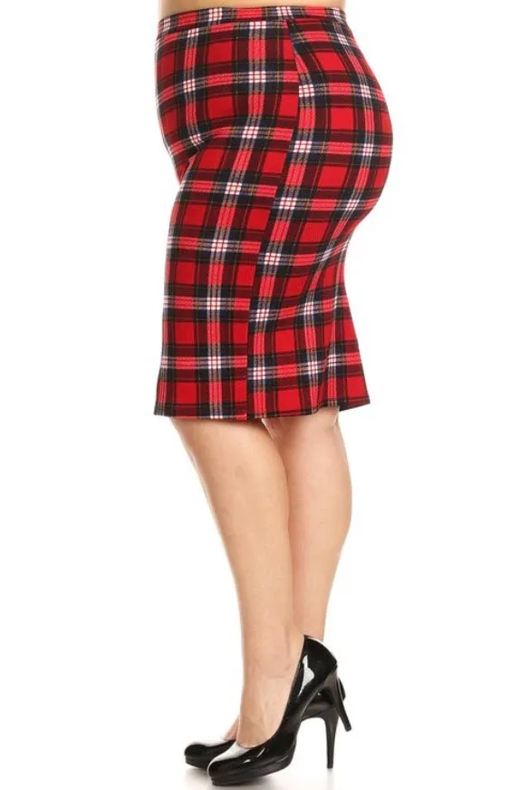 Red Navy Plaid Skirt High Waist Holiday Midi Stretch Pencil Plus