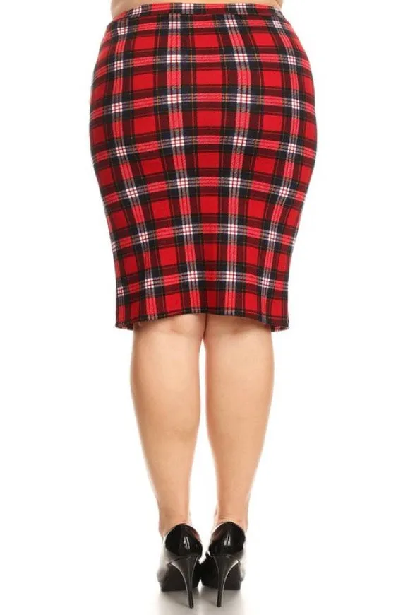 Red Navy Plaid Skirt High Waist Holiday Midi Stretch Pencil Plus