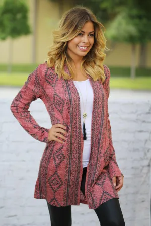 Red Open Cardigan with Geometric Print