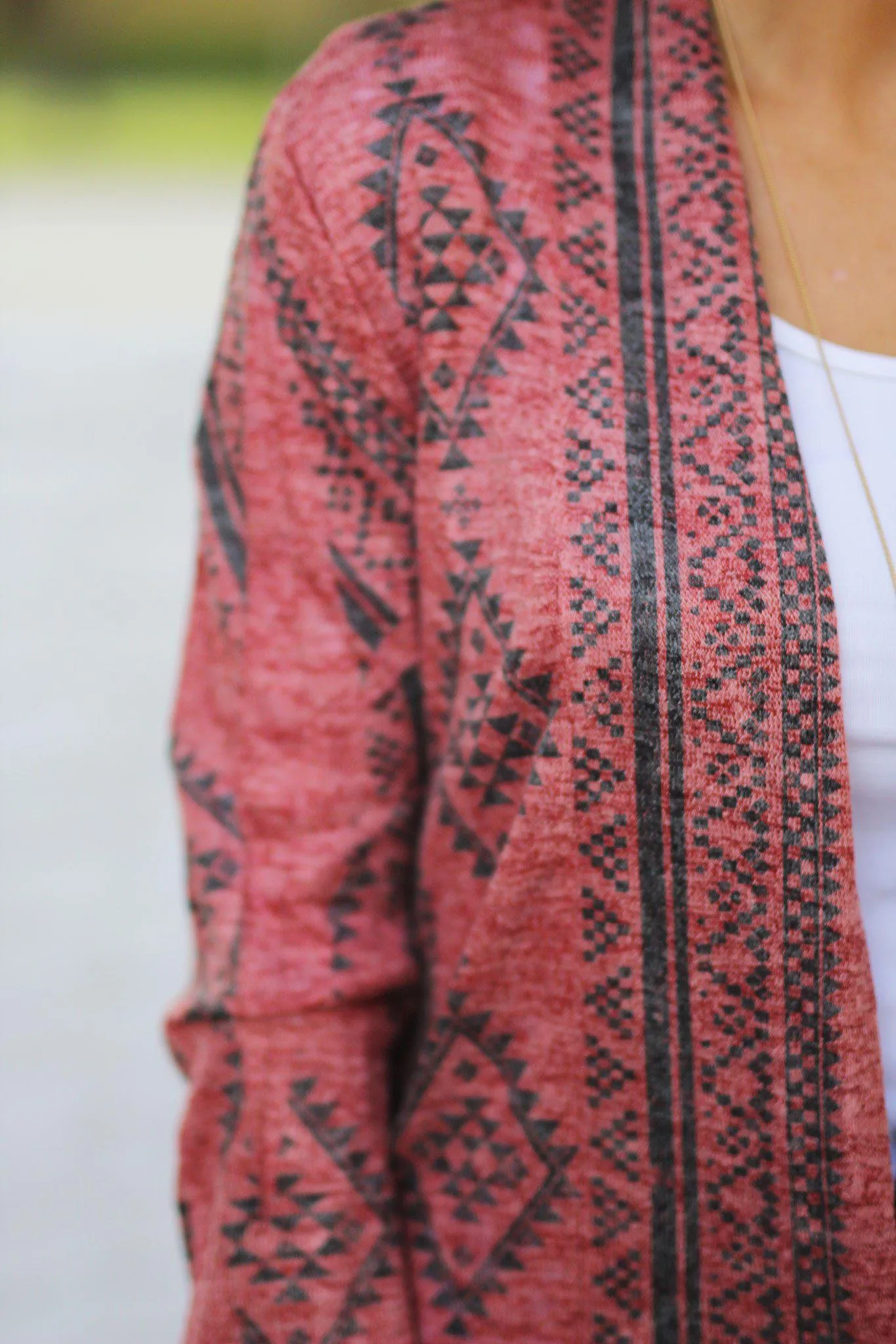 Red Open Cardigan with Geometric Print