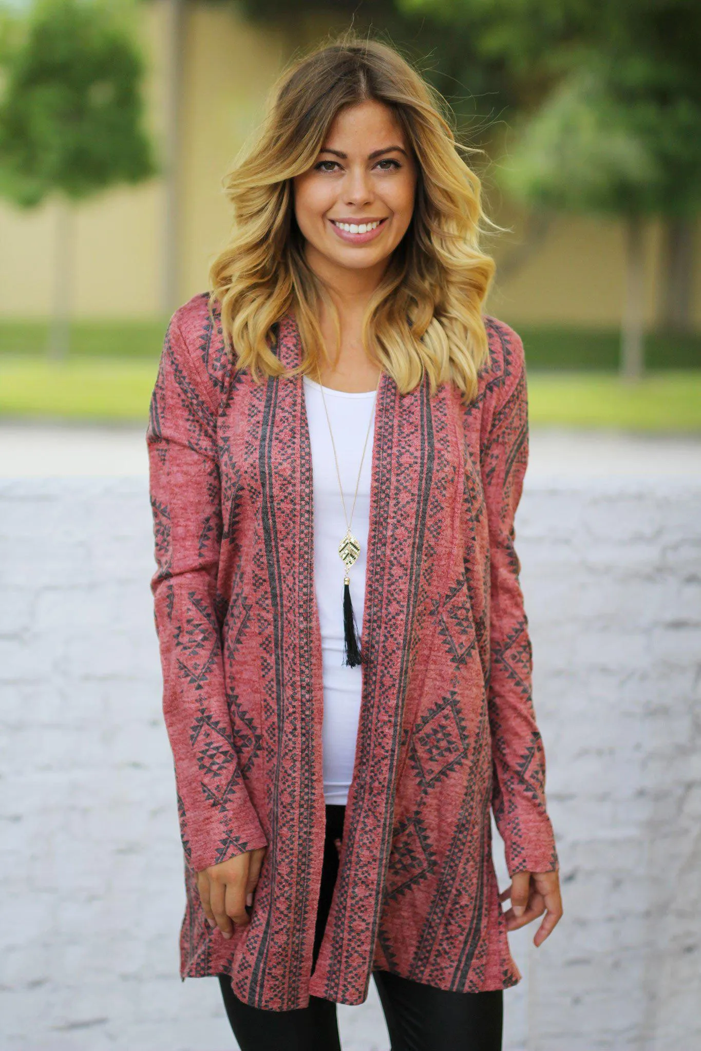 Red Open Cardigan with Geometric Print