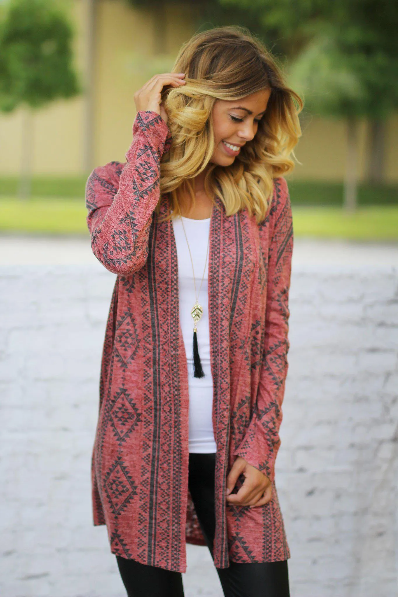 Red Open Cardigan with Geometric Print