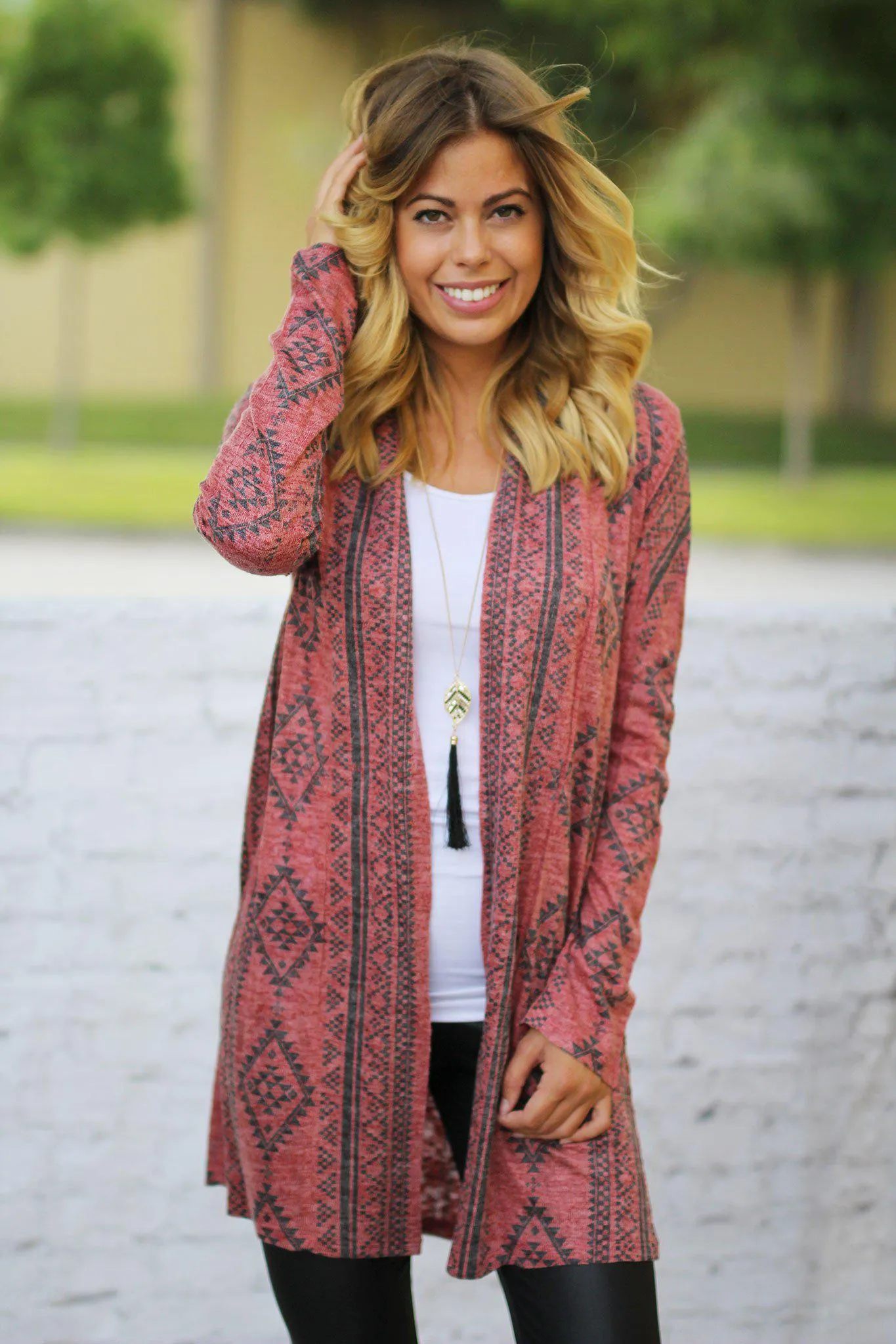 Red Open Cardigan with Geometric Print