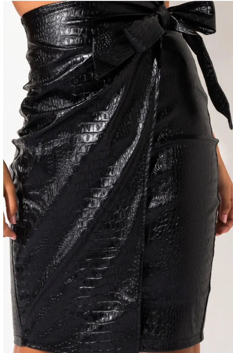 Rock Star Faux Crocodile Leather Wrap Pencil Skirt