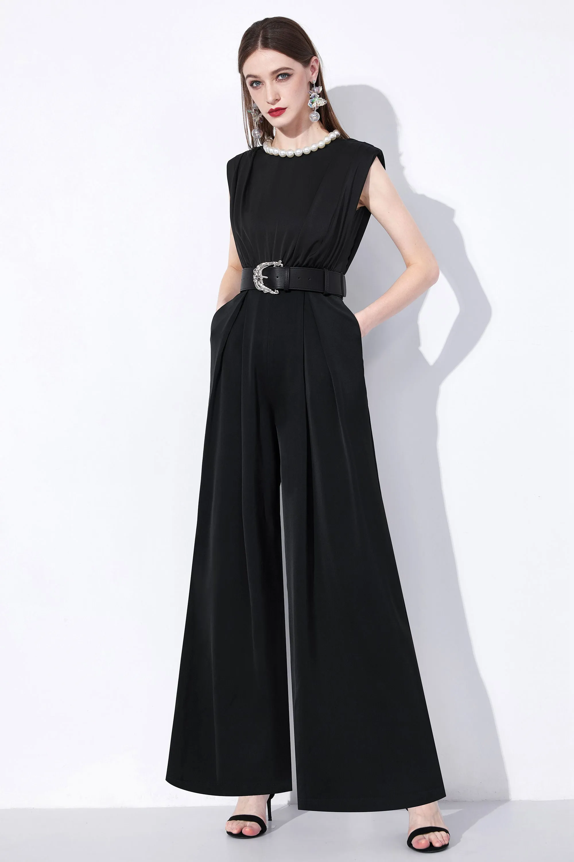 Sleeveless Wide Leg Belted Jumpsuit