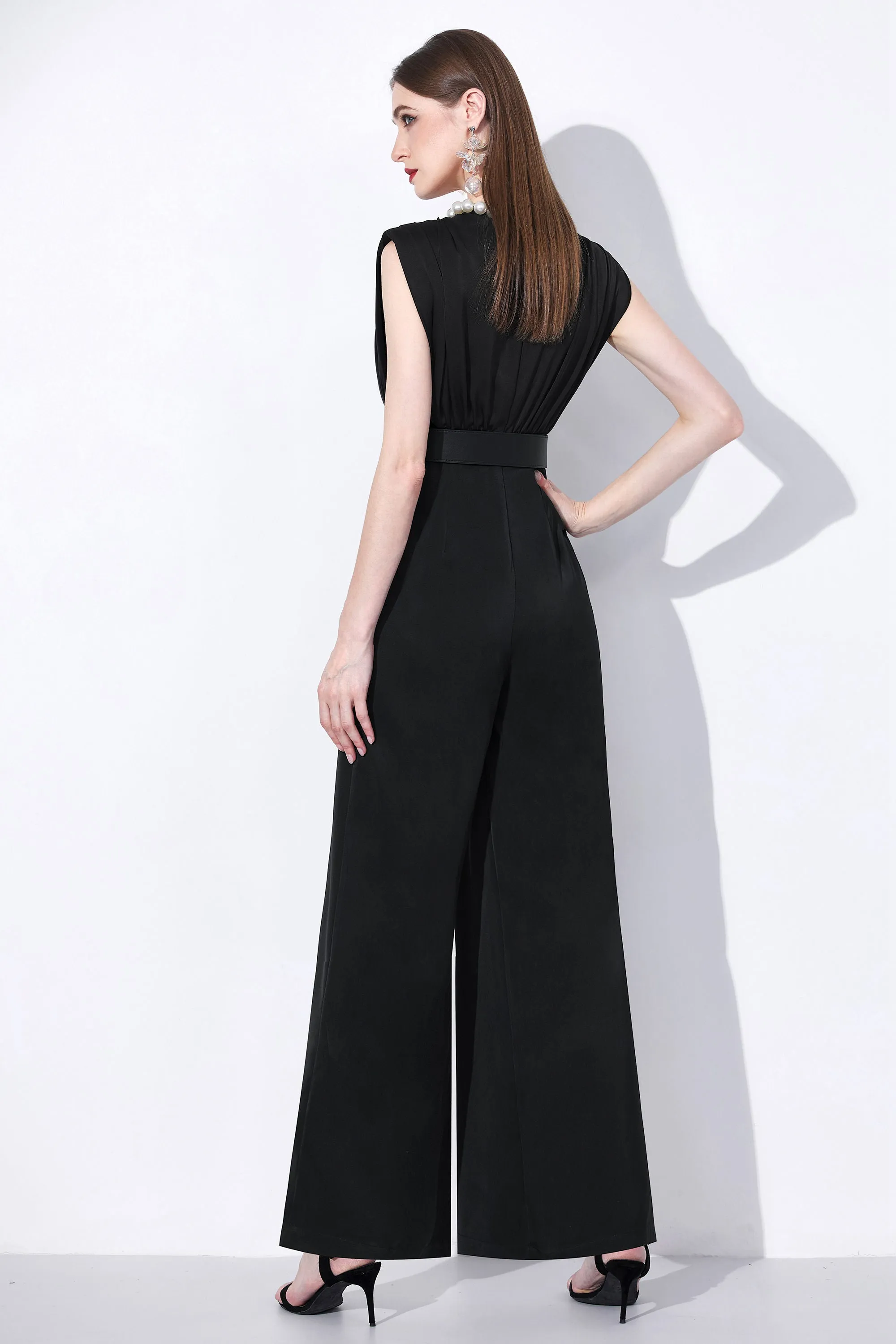 Sleeveless Wide Leg Belted Jumpsuit