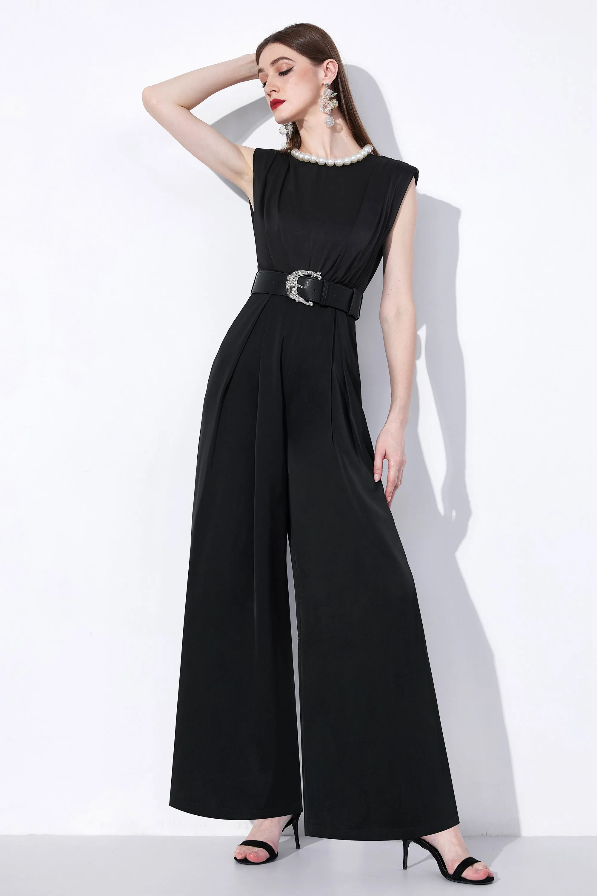 Sleeveless Wide Leg Belted Jumpsuit