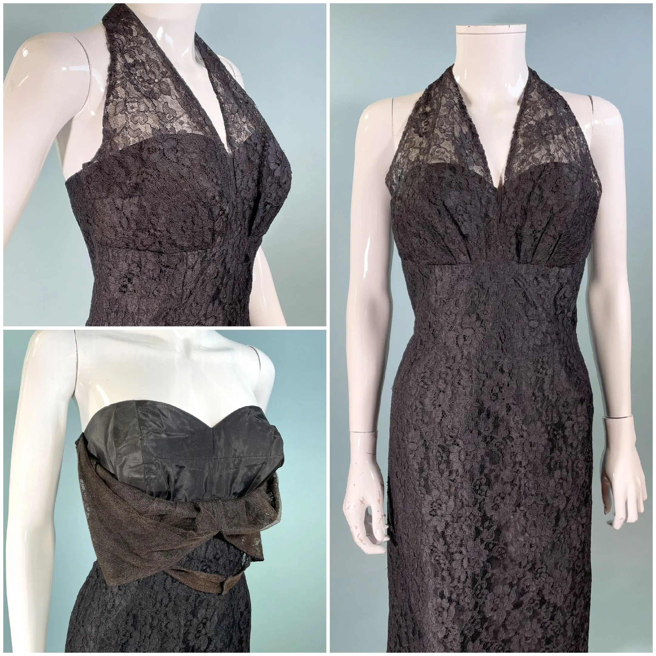 SOLD Lilli Diamond Vintage 60s Black Lace Halter Party Dress S/M