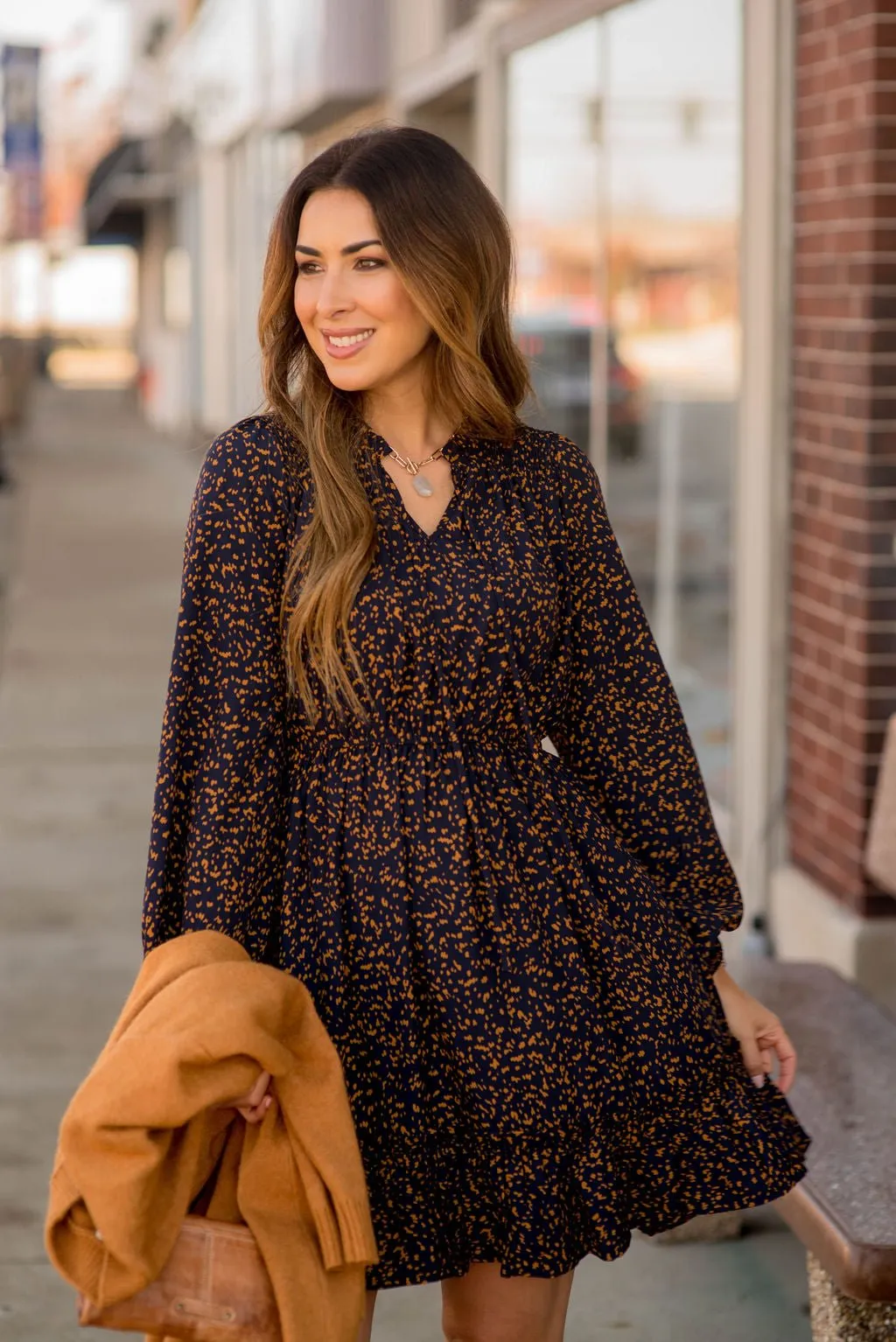 Splattered Long Sleeve Cinched Dress