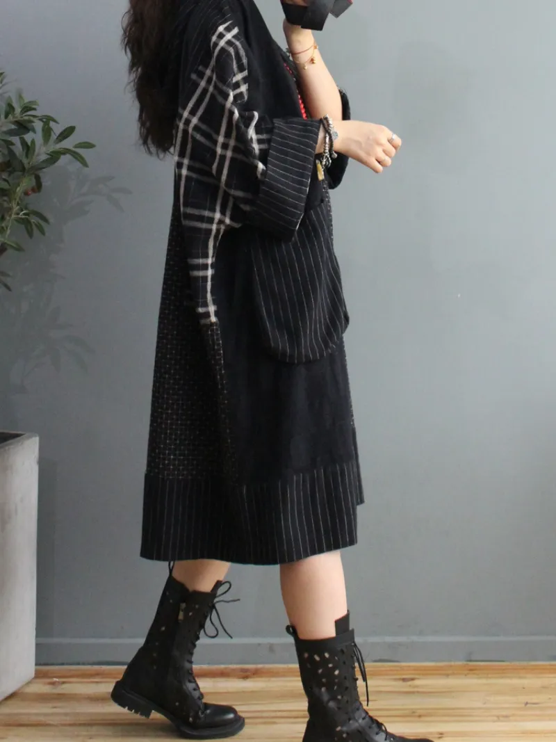 Spring Plaid Cotton Loose Large Pockets Hooded Dress