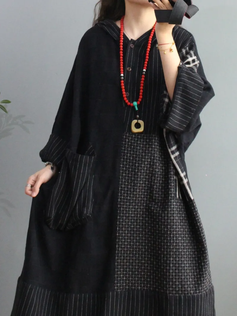 Spring Plaid Cotton Loose Large Pockets Hooded Dress