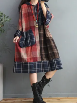 Spring Plaid Cotton Loose Large Pockets Hooded Dress