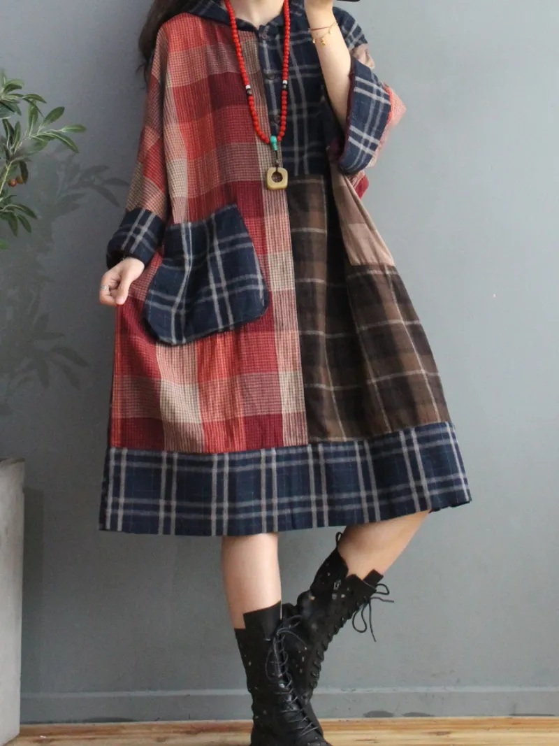 Spring Plaid Cotton Loose Large Pockets Hooded Dress