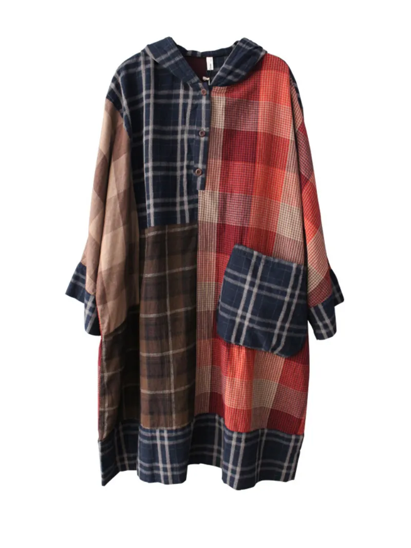 Spring Plaid Cotton Loose Large Pockets Hooded Dress