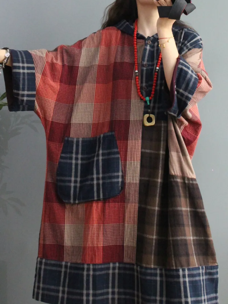 Spring Plaid Cotton Loose Large Pockets Hooded Dress