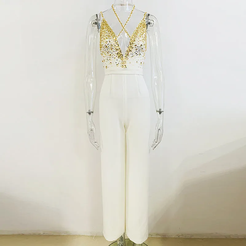 Stardust Dream White Hand-Beaded V-Strap Jumpsuit