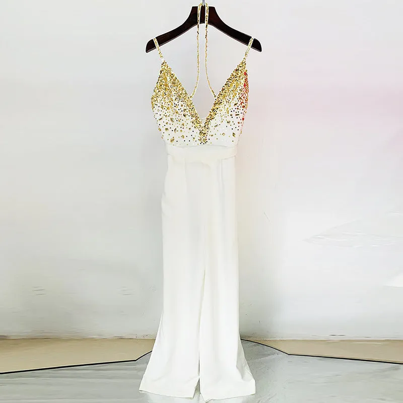 Stardust Dream White Hand-Beaded V-Strap Jumpsuit