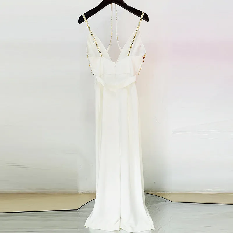 Stardust Dream White Hand-Beaded V-Strap Jumpsuit