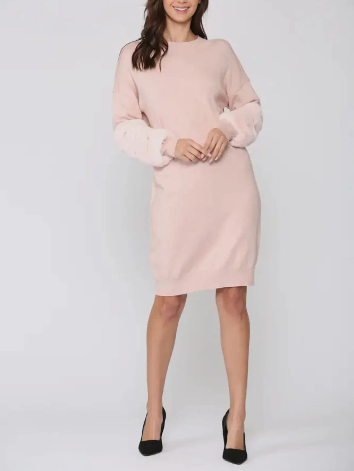 Sweater Knitted Dress with Faux Fur