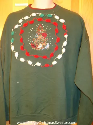 Tacky Cheap Christmas Sweatshirt Birds PomPom Trim