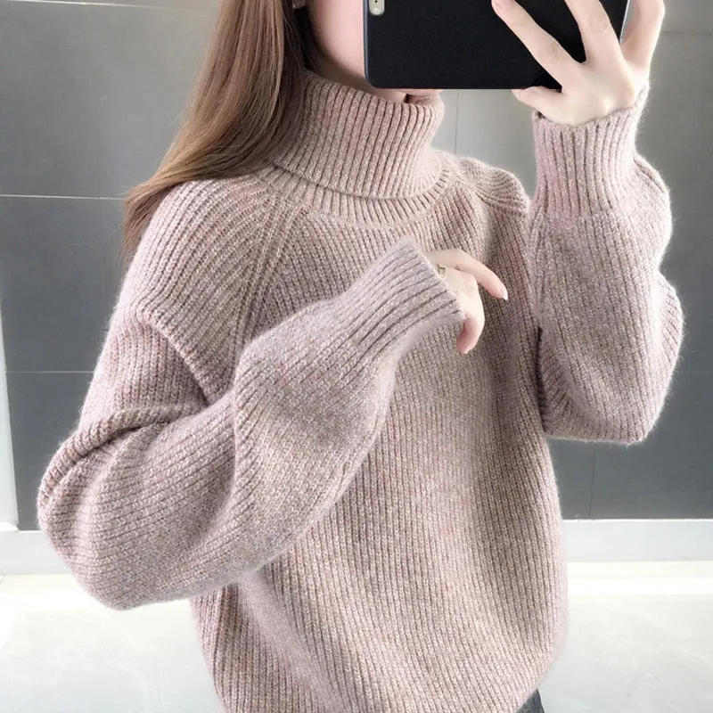 Turtleneck Sweater Warm Thick Loose Knitted Coat Winter Solid Vintage Pullover High Collar Jumper Casual Girls Outwear