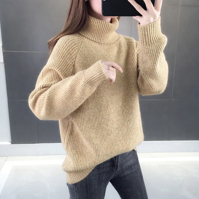 Turtleneck Sweater Warm Thick Loose Knitted Coat Winter Solid Vintage Pullover High Collar Jumper Casual Girls Outwear