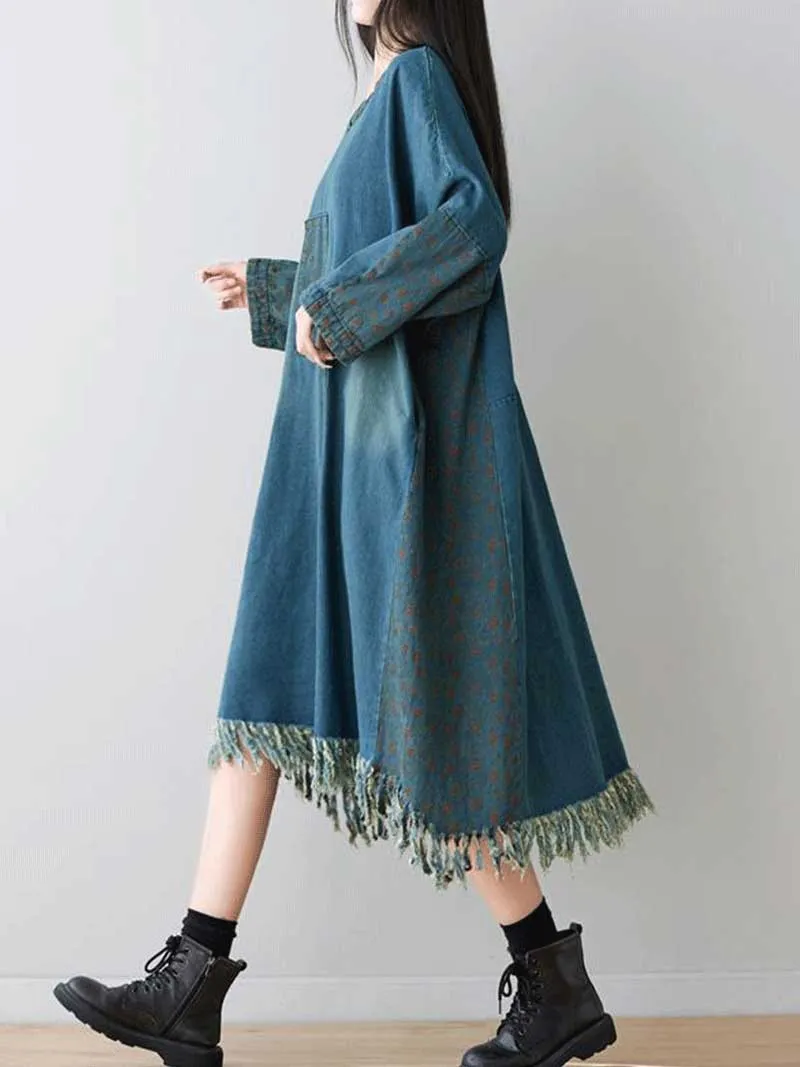 Two in love Denim Patch-Work Style Double Side Pockets Midi Dress