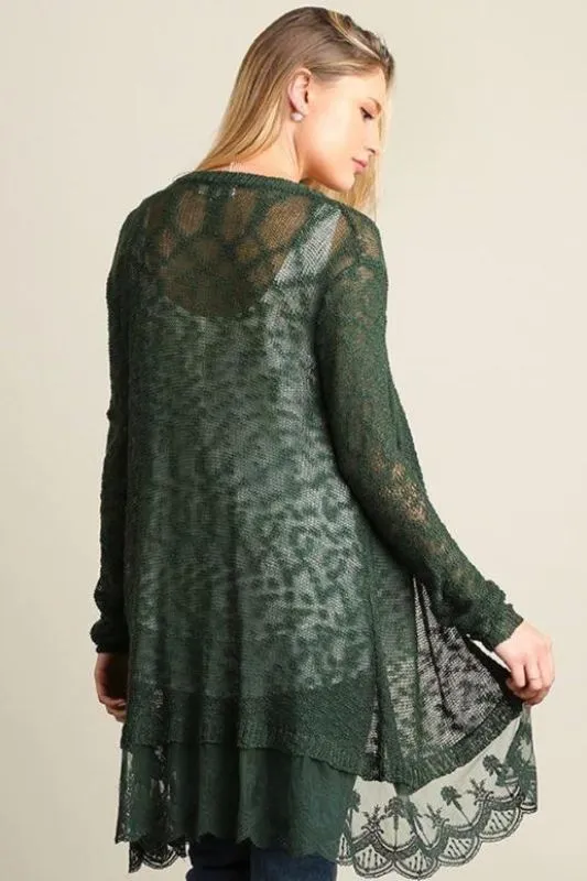 Umgee Cardigan Lace Hem - Forest Green