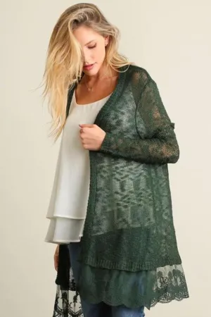 Umgee Cardigan Lace Hem - Forest Green