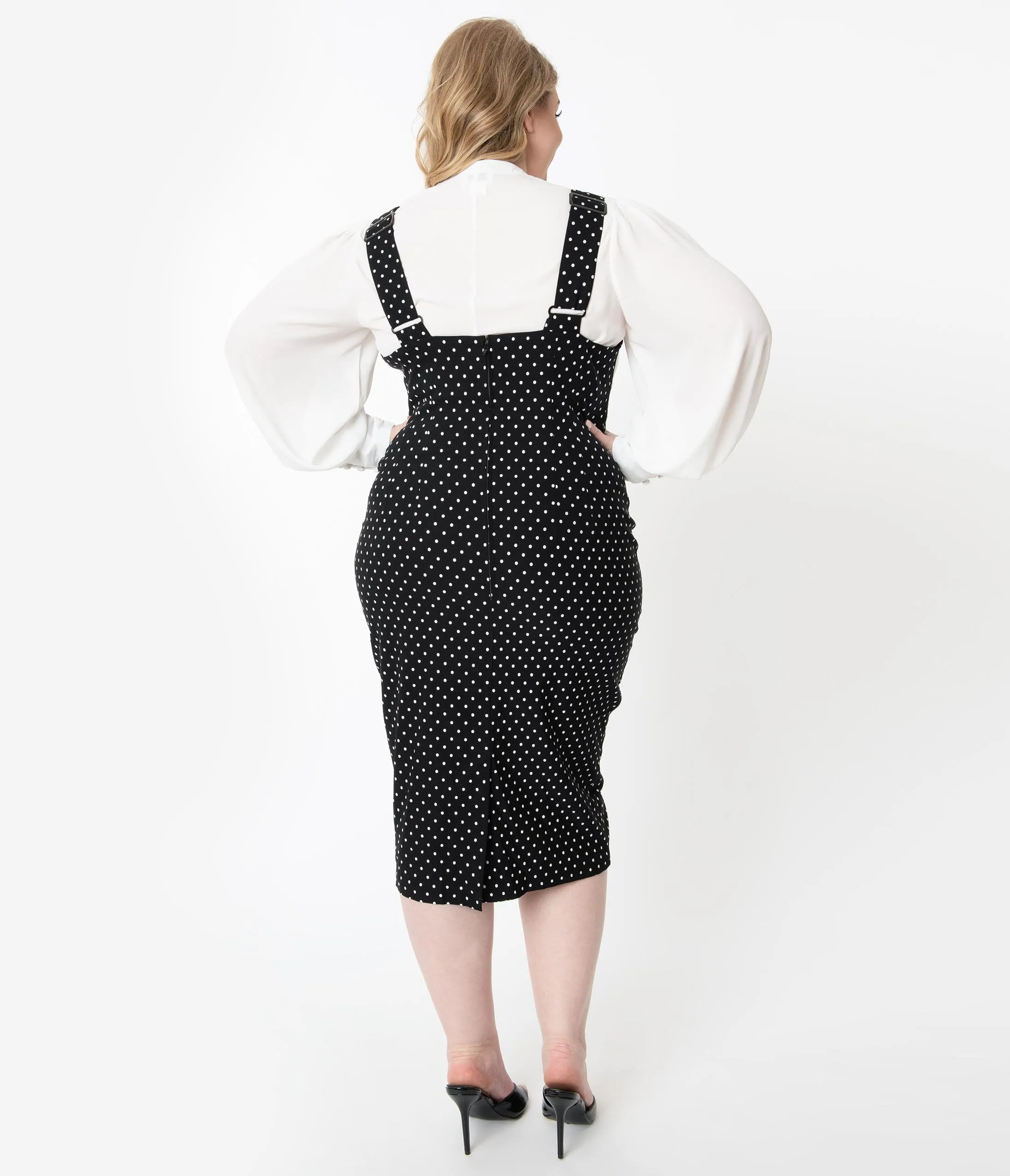 Unique Vintage Plus Size Black & White Pin Dot Fontaine Suspender Pencil Skirt