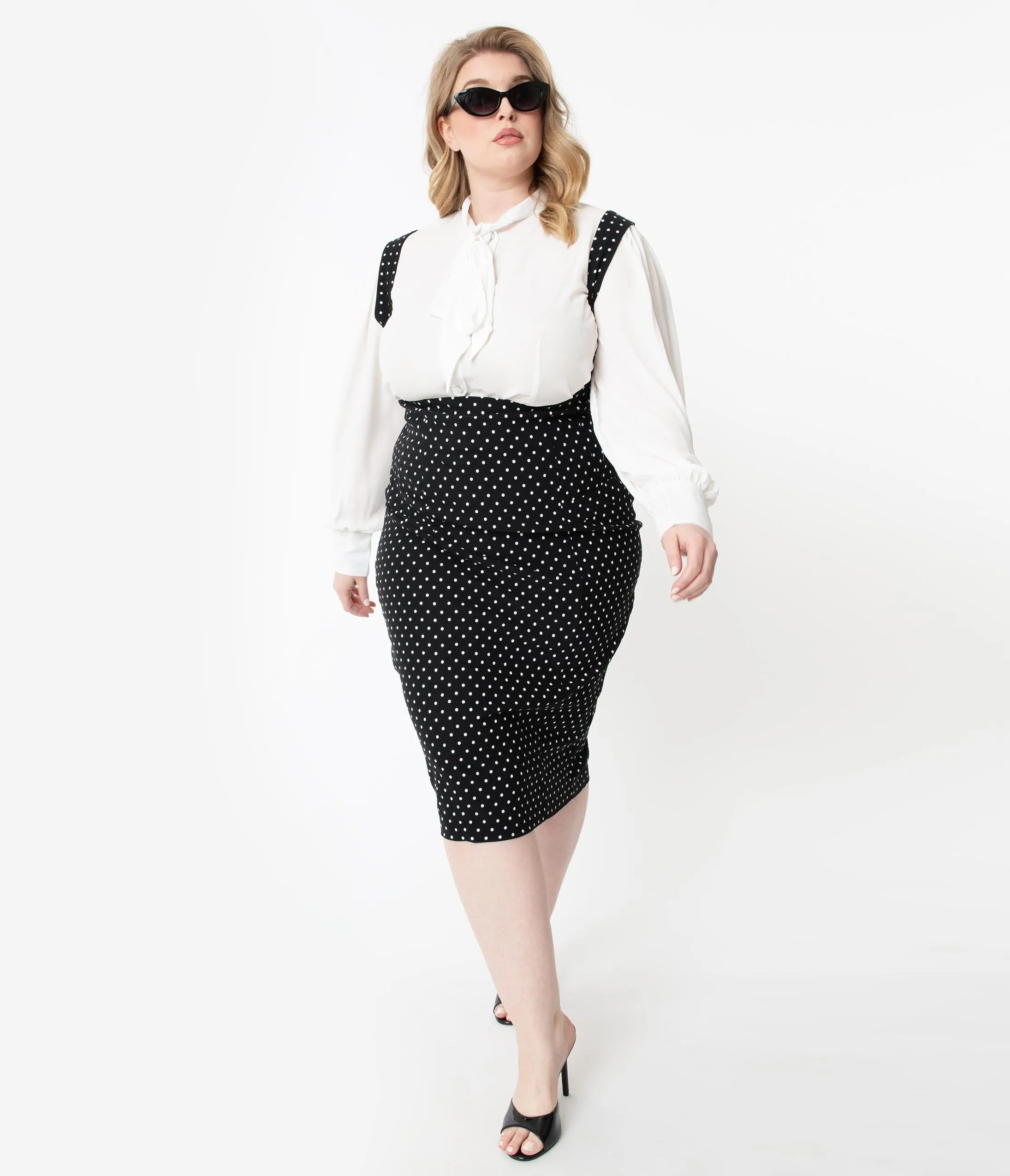 Unique Vintage Plus Size Black & White Pin Dot Fontaine Suspender Pencil Skirt