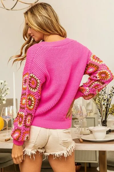 V-Neck Crochet Long Sleeve Sweater