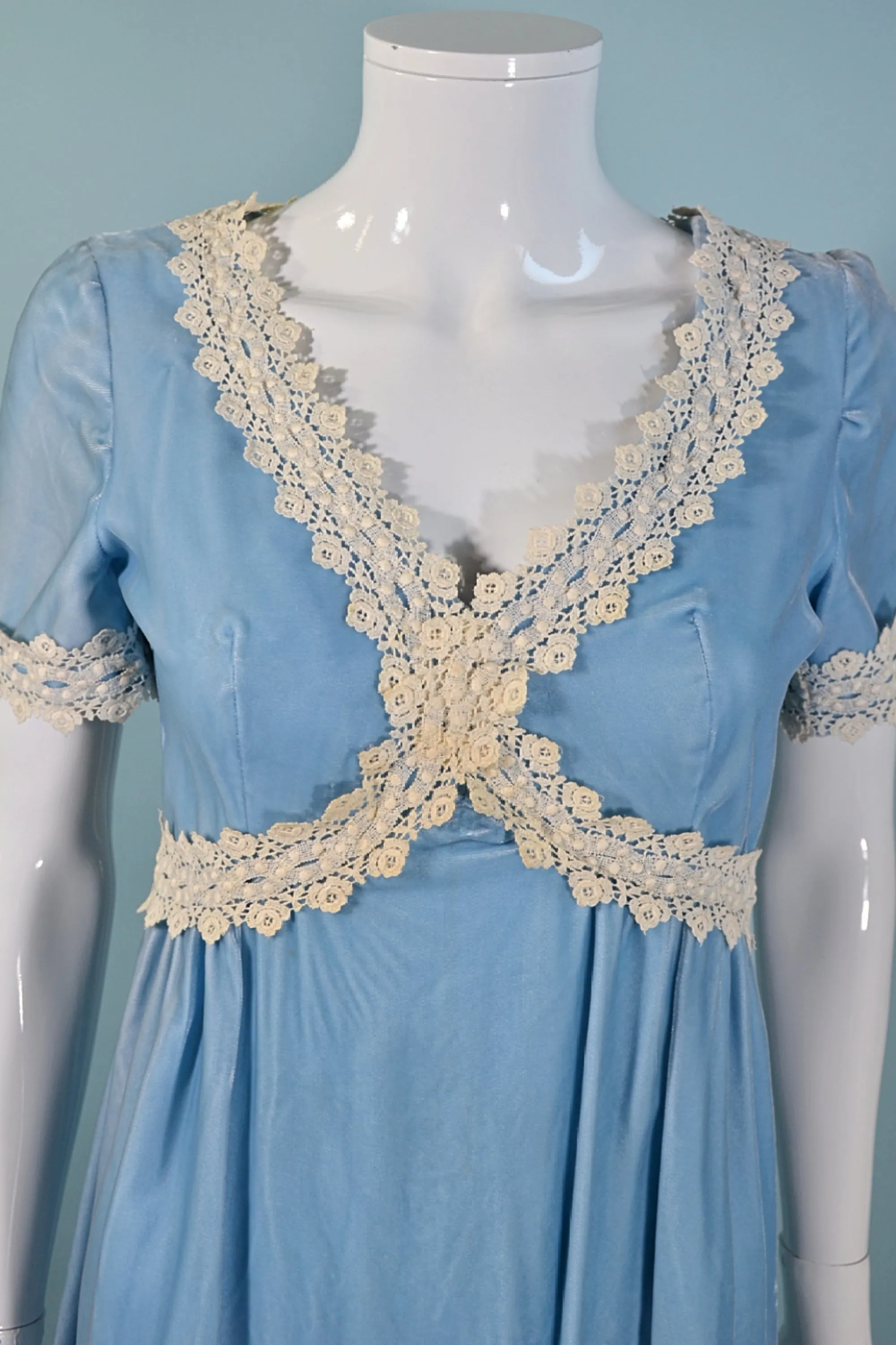 Vintage 1960s Baby Blue Velvet Lace MOD Dress S