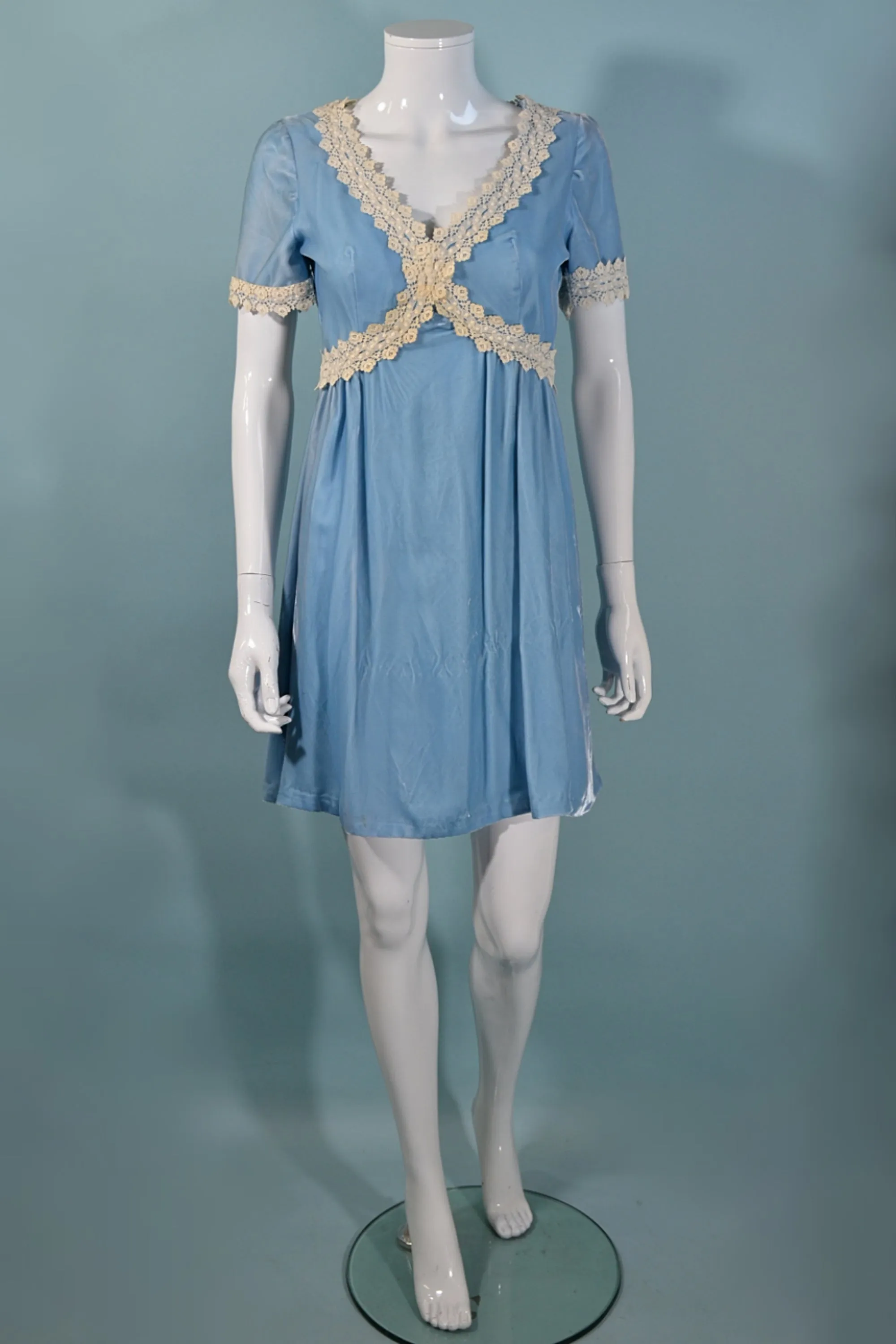 Vintage 1960s Baby Blue Velvet Lace MOD Dress S