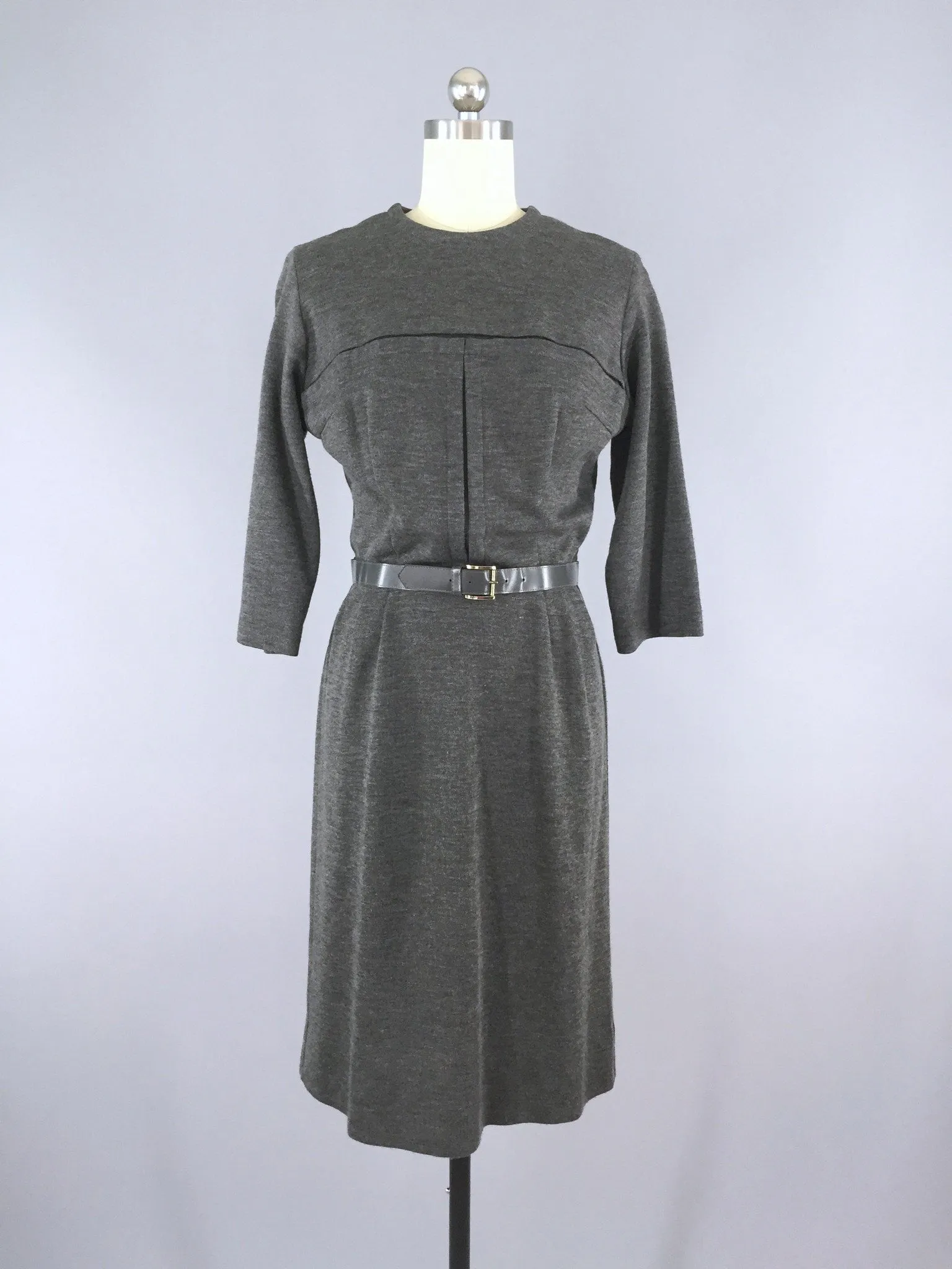 Vintage 1960s Sweater Day Dress / Charcoal Grey Wool Knit