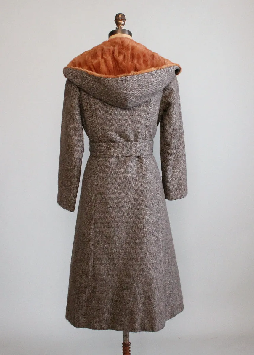 Vintage 1970s Tweed Hooded Trench Coat with Fur Lining