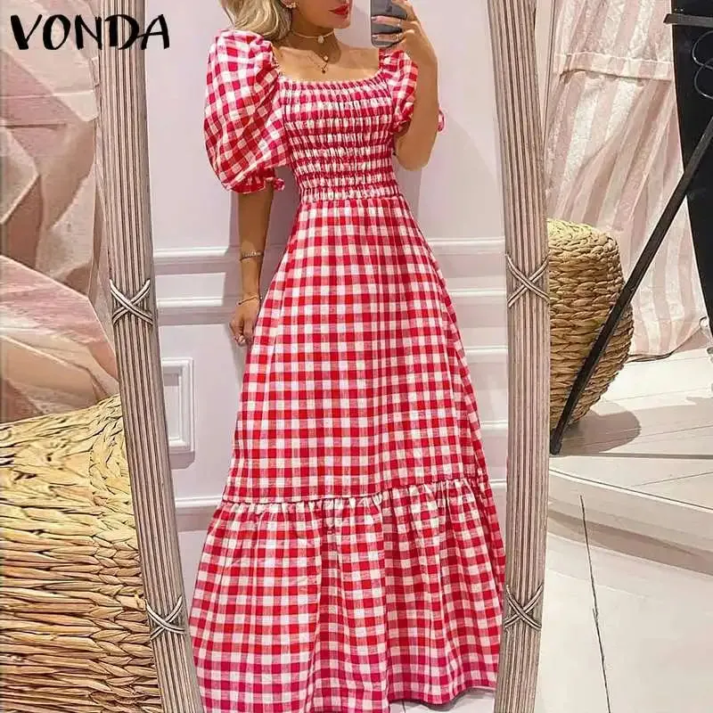 VONDA Summer Sundress Bohemian Long Maxi Dress 2023 Women Short Puff Sleeve Plaid Casual Sexy Square Collar Party Beach Robe