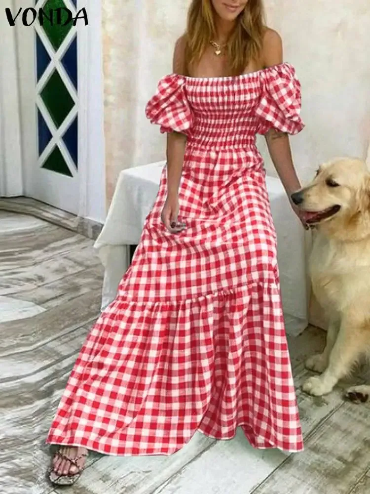 VONDA Summer Sundress Bohemian Long Maxi Dress 2023 Women Short Puff Sleeve Plaid Casual Sexy Square Collar Party Beach Robe