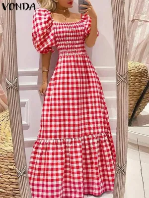 VONDA Summer Sundress Bohemian Long Maxi Dress 2023 Women Short Puff Sleeve Plaid Casual Sexy Square Collar Party Beach Robe